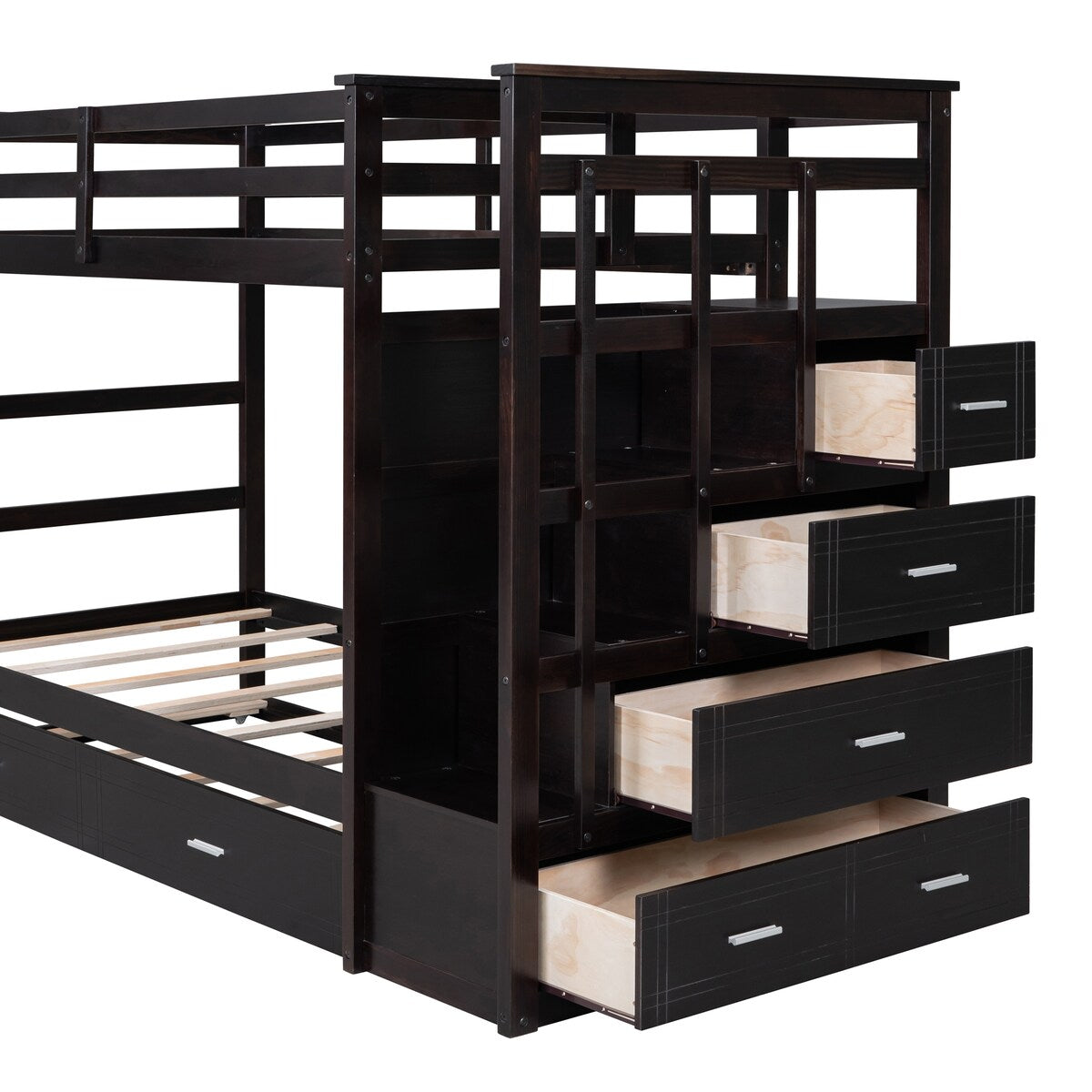 Solid Wood Twin Over Twin Bunk Bed, Trundle Bunk Beds with 4 Storage Drawers, Staircase and Safety Guard Rail