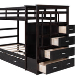 Solid Wood Twin Over Twin Bunk Bed, Trundle Bunk Beds with 4 Storage Drawers, Staircase and Safety Guard Rail