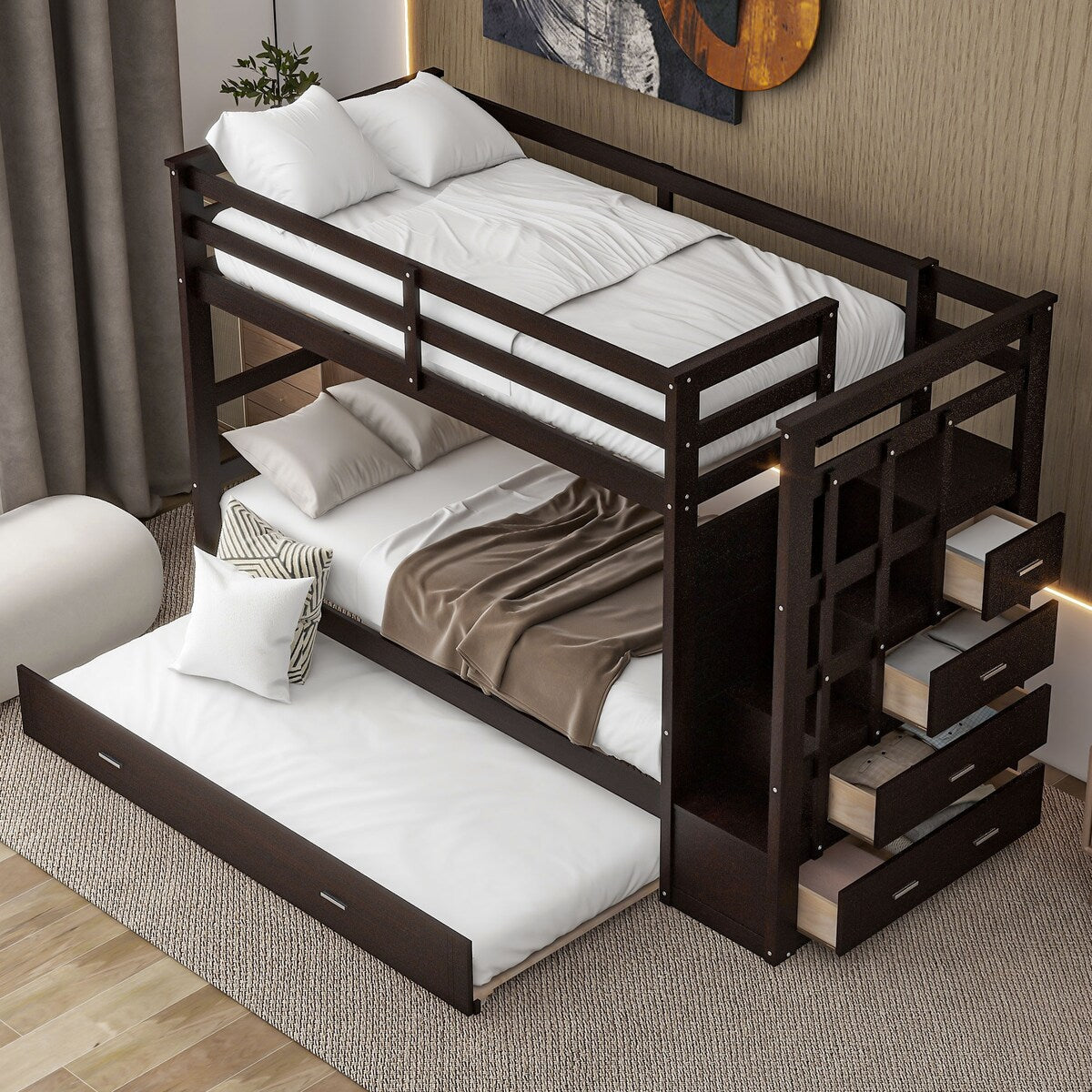 Solid Wood Twin Over Twin Bunk Bed, Trundle Bunk Beds with 4 Storage Drawers, Staircase and Safety Guard Rail