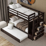 Solid Wood Twin Over Twin Bunk Bed, Trundle Bunk Beds with 4 Storage Drawers, Staircase and Safety Guard Rail