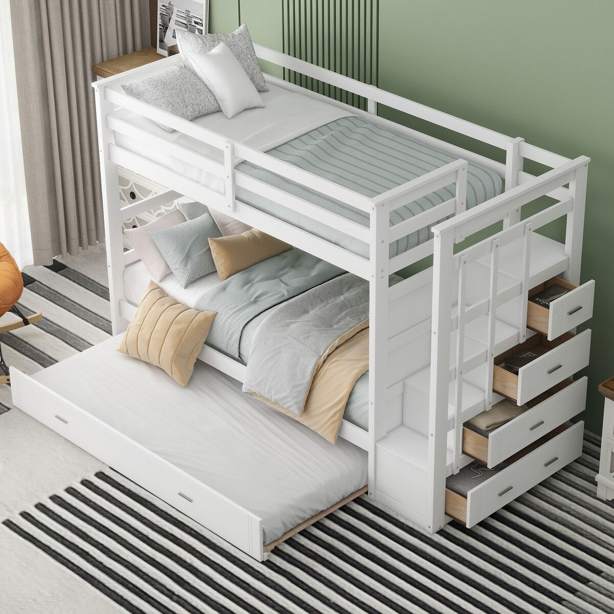 Solid Wood Twin Over Twin Bunk Bed, Trundle Bunk Beds with 4 Storage Drawers, Staircase and Safety Guard Rail