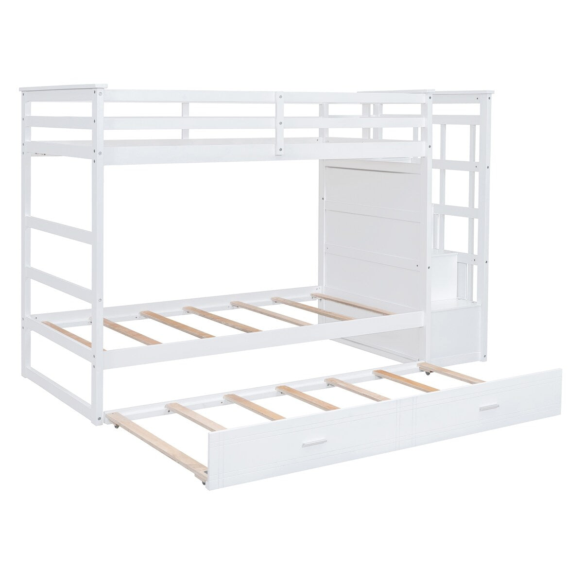 Solid Wood Twin Over Twin Bunk Bed, Trundle Bunk Beds with 4 Storage Drawers, Staircase and Safety Guard Rail