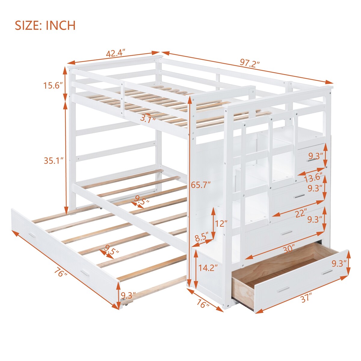 Solid Wood Twin Over Twin Bunk Bed, Trundle Bunk Beds with 4 Storage Drawers, Staircase and Safety Guard Rail
