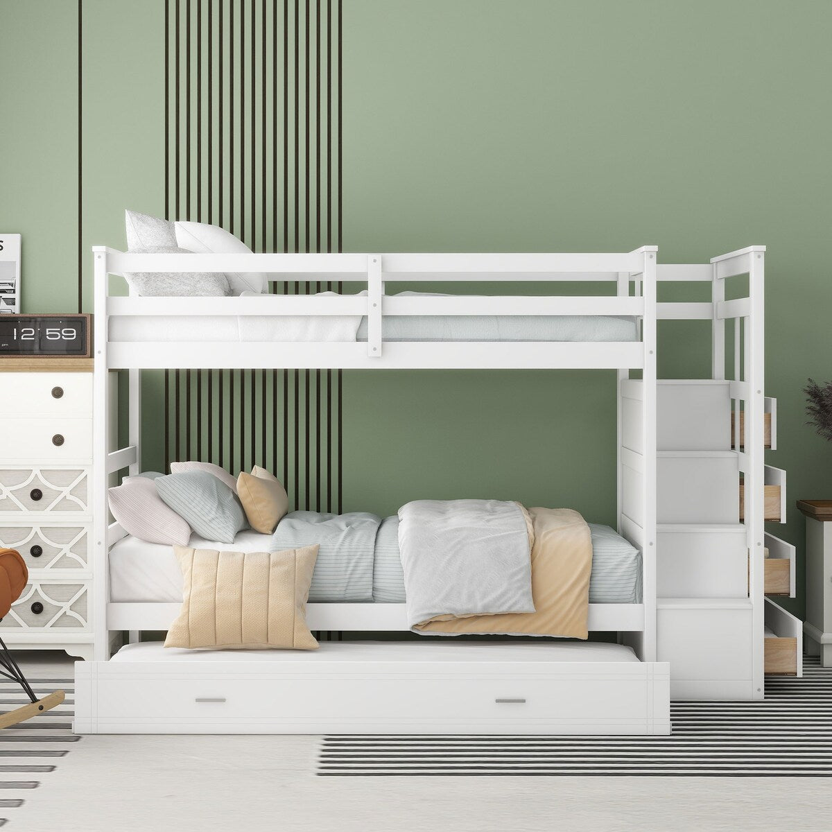 Solid Wood Twin Over Twin Bunk Bed, Trundle Bunk Beds with 4 Storage Drawers, Staircase and Safety Guard Rail
