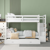 Solid Wood Twin Over Twin Bunk Bed, Trundle Bunk Beds with 4 Storage Drawers, Staircase and Safety Guard Rail