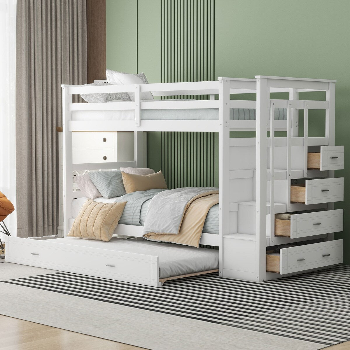 Solid Wood Twin Over Twin Bunk Bed, Trundle Bunk Beds with 4 Storage Drawers, Staircase and Safety Guard Rail