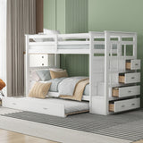 Solid Wood Twin Over Twin Bunk Bed, Trundle Bunk Beds with 4 Storage Drawers, Staircase and Safety Guard Rail