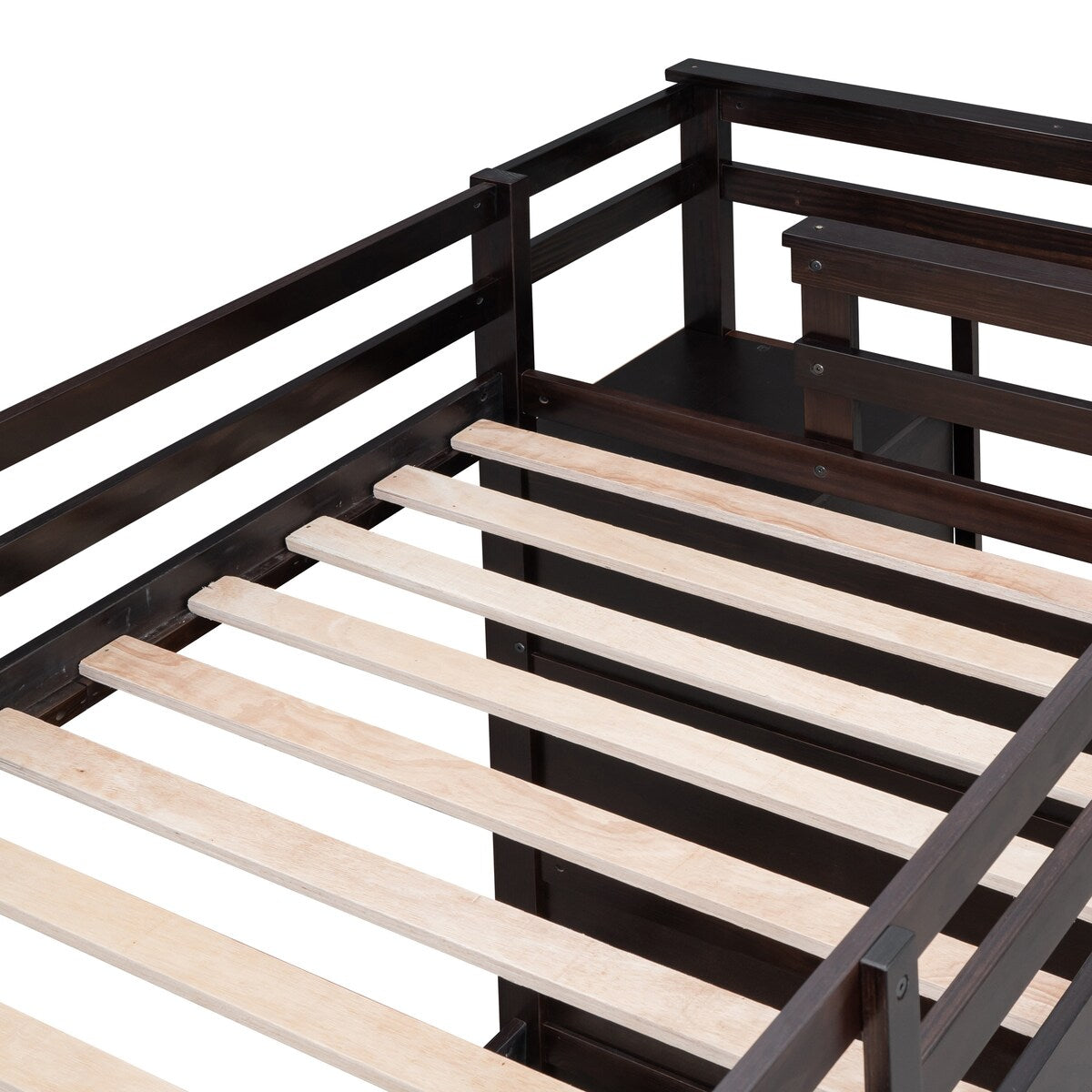 Solid Wood Twin Over Twin Bunk Bed, Trundle Bunk Beds with 4 Storage Drawers, Staircase and Safety Guard Rail