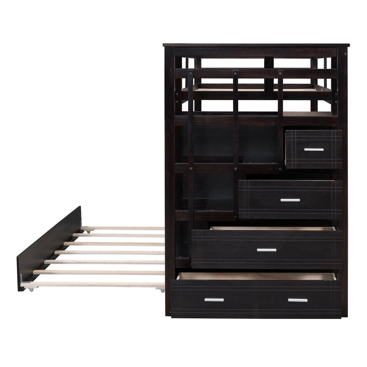 Solid Wood Twin Over Twin Bunk Bed, Trundle Bunk Beds with 4 Storage Drawers, Staircase and Safety Guard Rail