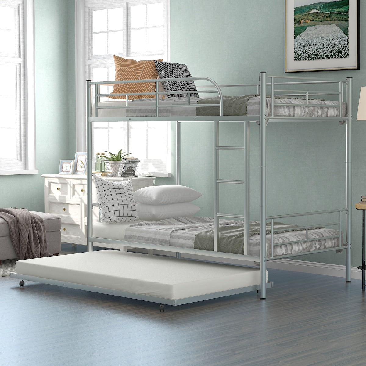 Solid Wood Twin over Full 53" Bunk Bed with 39" Twin Bed, 3 Drawers, Ladder, and Storage Space