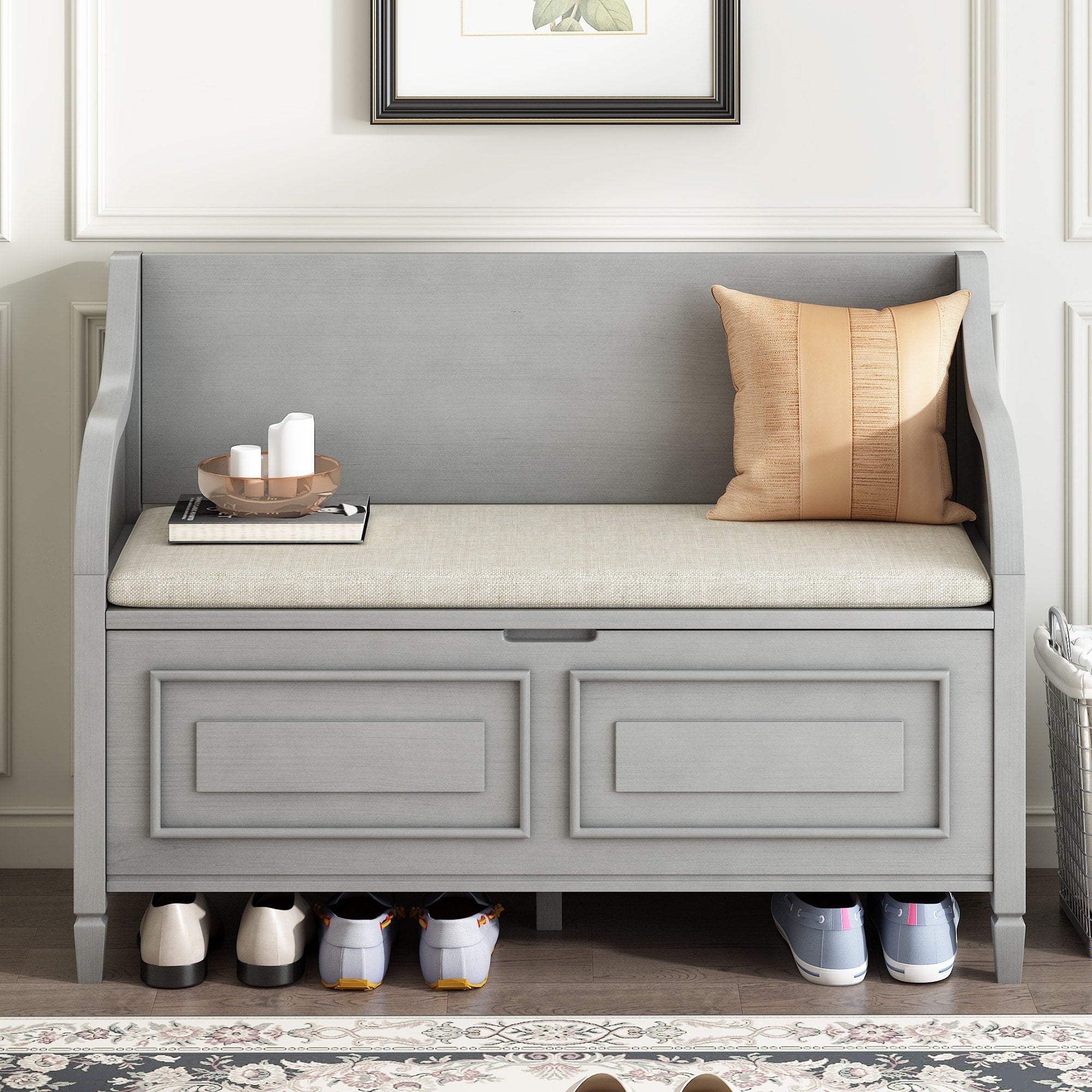 Rustic Style Solid Wood Entryway Multifunctional Storage Bench with Safety Hinge Gray Wash