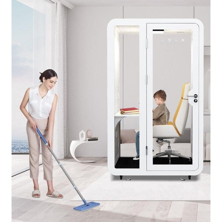 Solo Office Sound Booth Pod Audio Privacy, Mobile Roller with Desk, LED Light, Fans and AC USB Ports