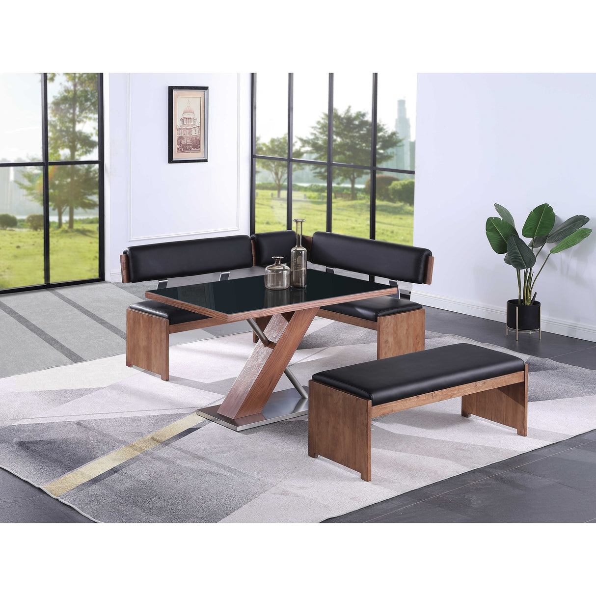Somette Emily Modern Wood Dining Set with Table, Nook and Bench