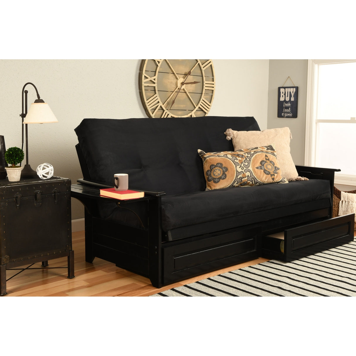 Somette Phoenix Black Futon Set with Storage Drawers and Innerspring Mattress