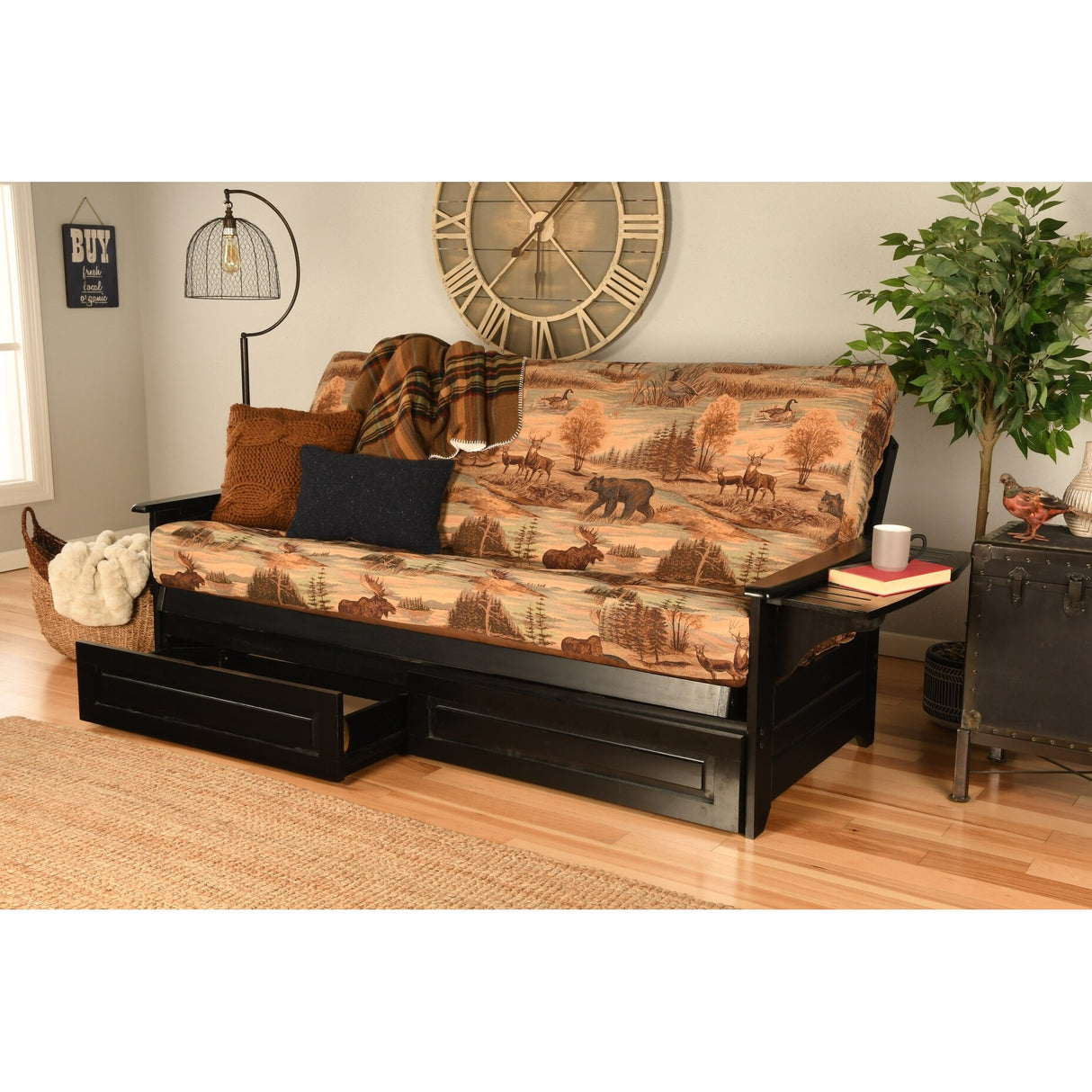 Somette Phoenix Black Futon Set with Storage Drawers and Innerspring Mattress