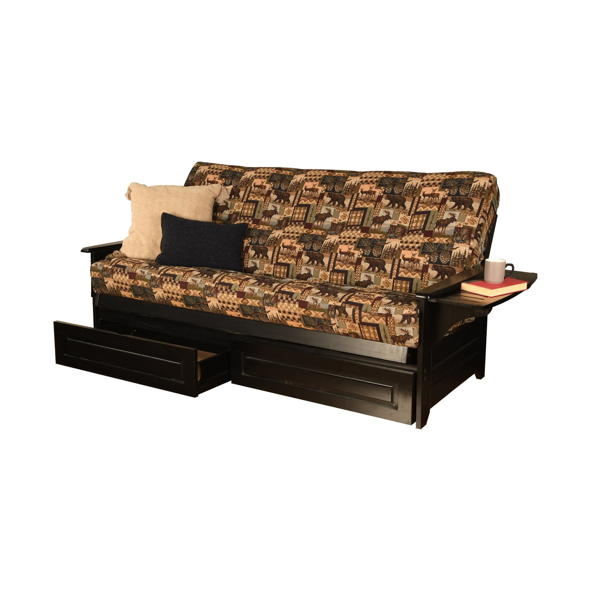 Somette Phoenix Black Futon Set with Storage Drawers and Innerspring Mattress