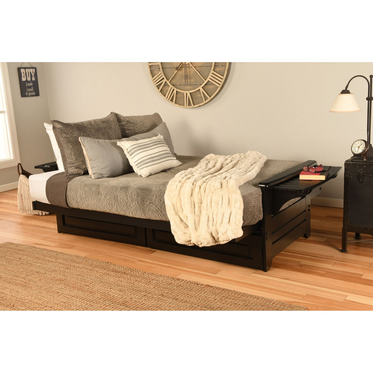 Somette Phoenix Black Futon Set with Storage Drawers and Innerspring Mattress