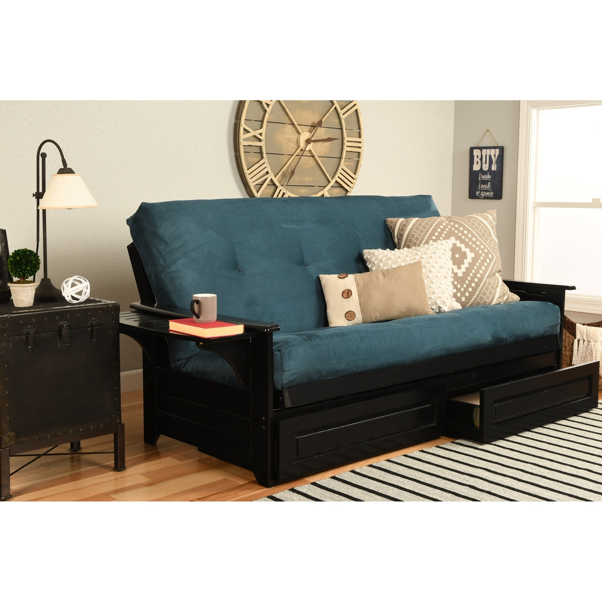 Somette Phoenix Black Futon Set with Storage Drawers and Innerspring Mattress