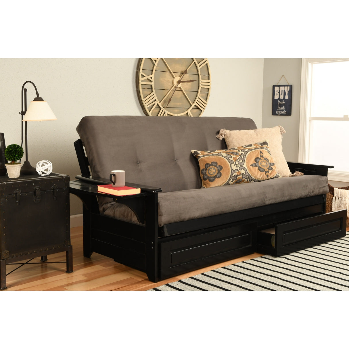 Somette Phoenix Black Futon Set with Storage Drawers and Innerspring Mattress