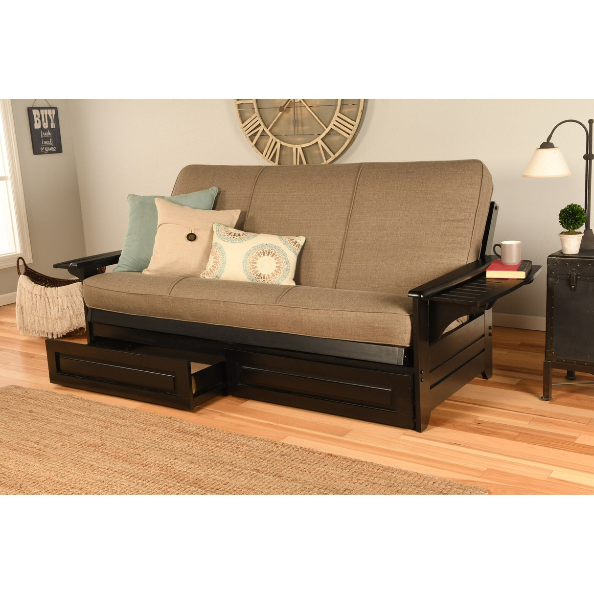 Somette Phoenix Black Futon Set with Storage Drawers and Innerspring Mattress