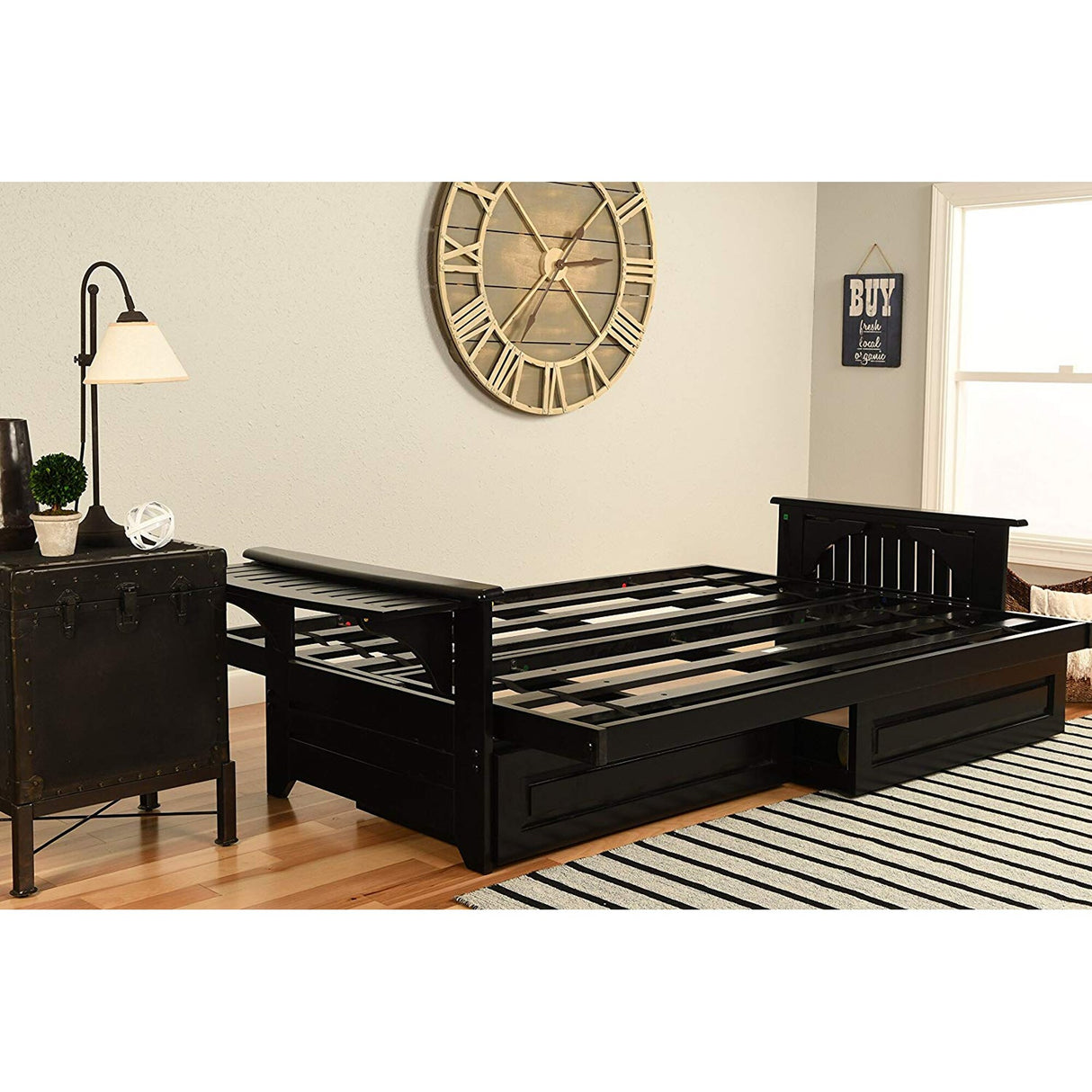 Somette Phoenix Black Futon Set with Storage Drawers and Innerspring Mattress