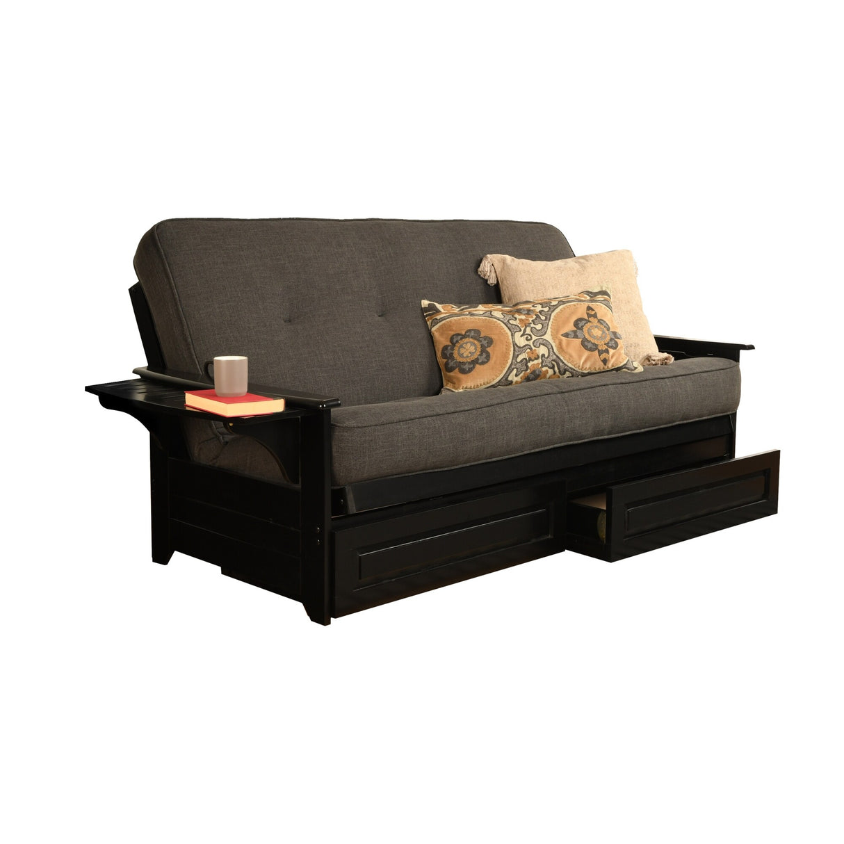 Somette Phoenix Black Futon Set with Storage Drawers and Innerspring Mattress