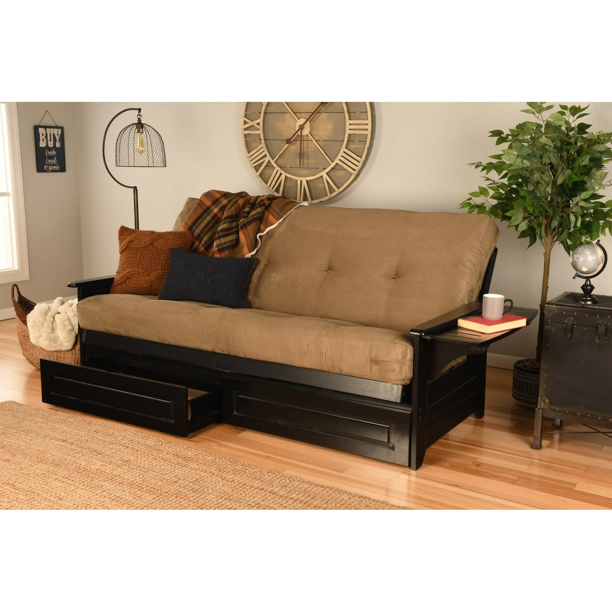 Somette Phoenix Black Futon Set with Storage Drawers and Innerspring Mattress