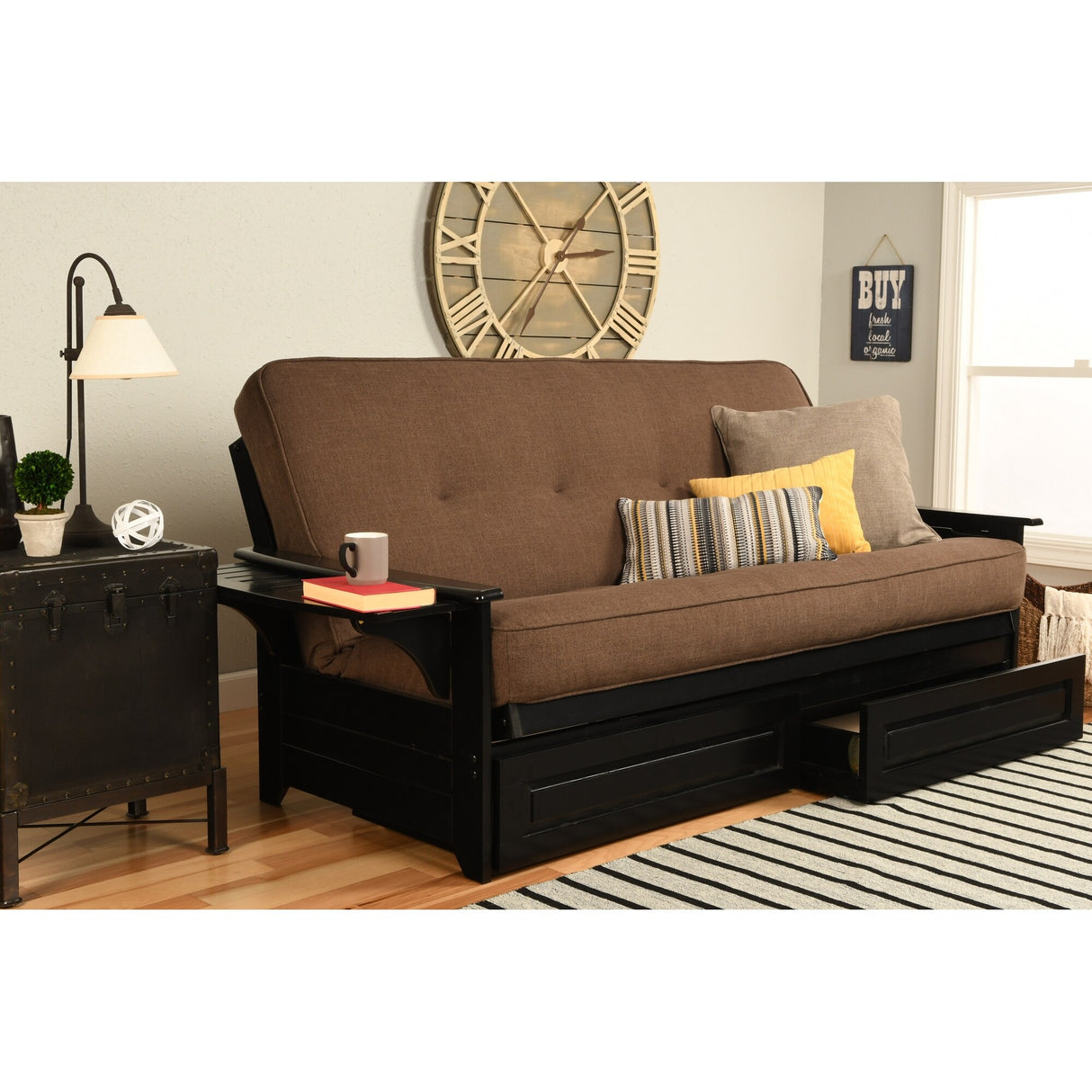 Somette Phoenix Black Futon Set with Storage Drawers and Innerspring Mattress