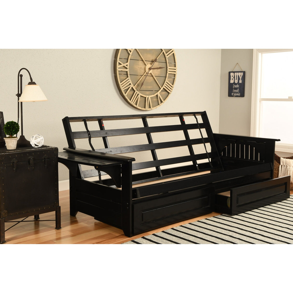 Somette Phoenix Black Futon Set with Storage Drawers and Innerspring Mattress