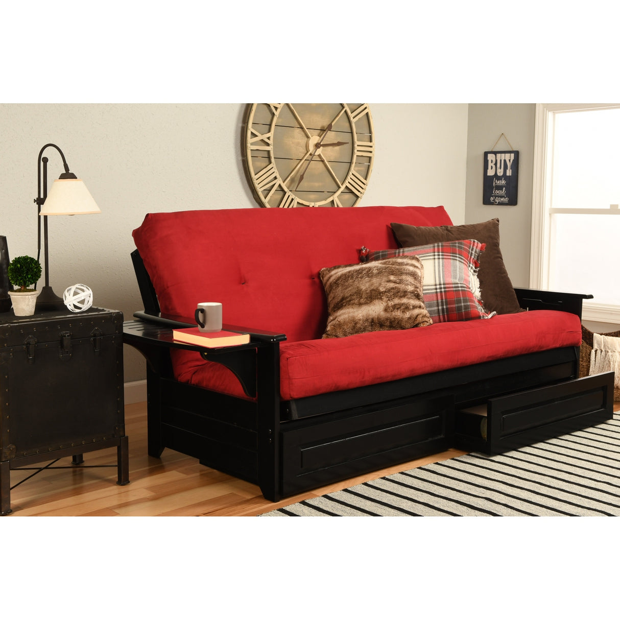 Somette Phoenix Black Futon Set with Storage Drawers and Innerspring Mattress