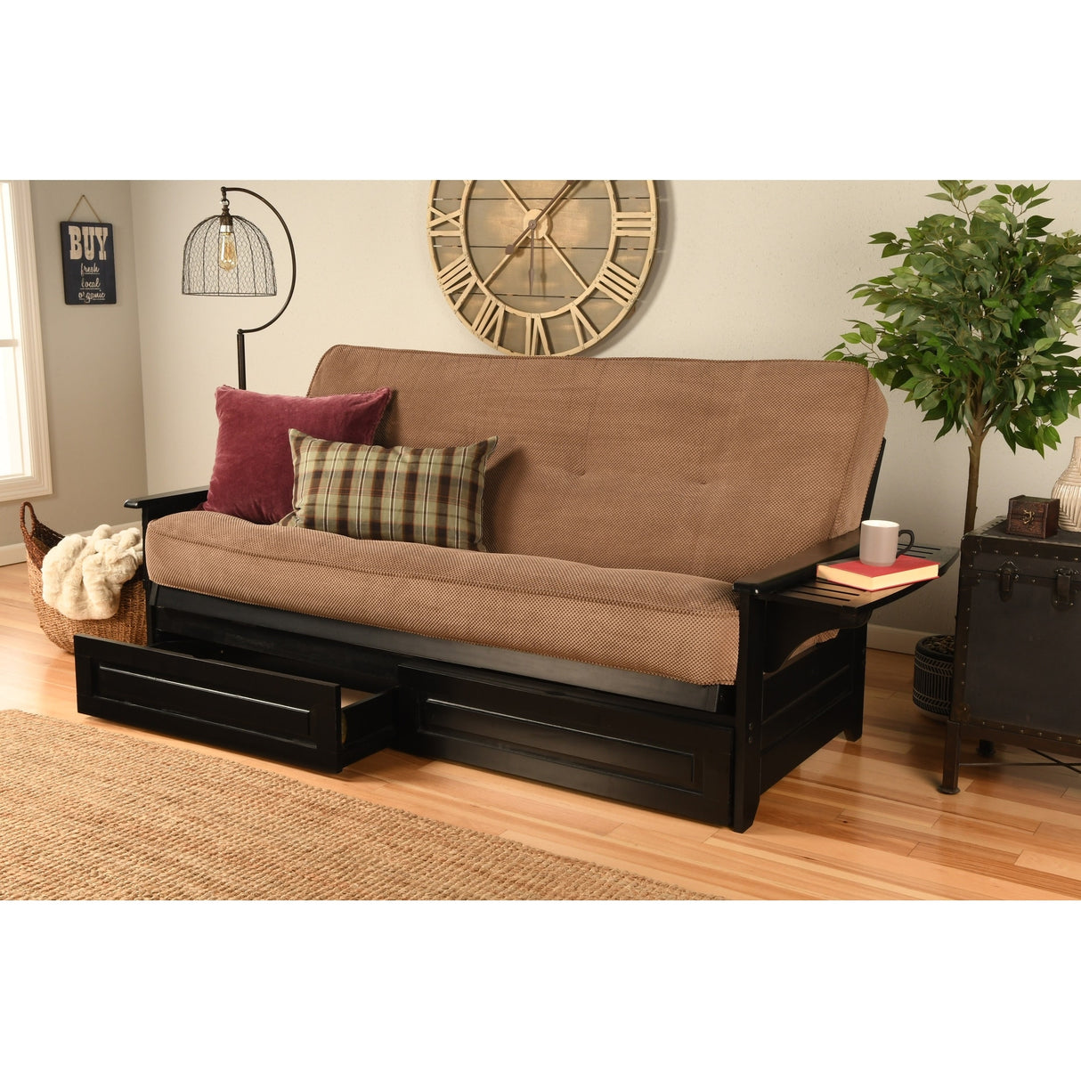 Somette Phoenix Black Futon Set with Storage Drawers and Innerspring Mattress