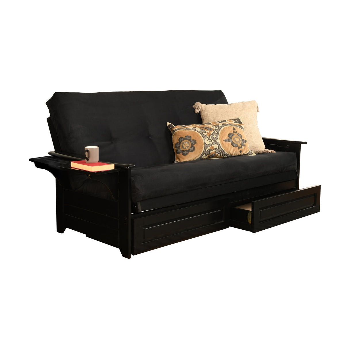 Somette Phoenix Black Futon Set with Storage Drawers and Innerspring Mattress