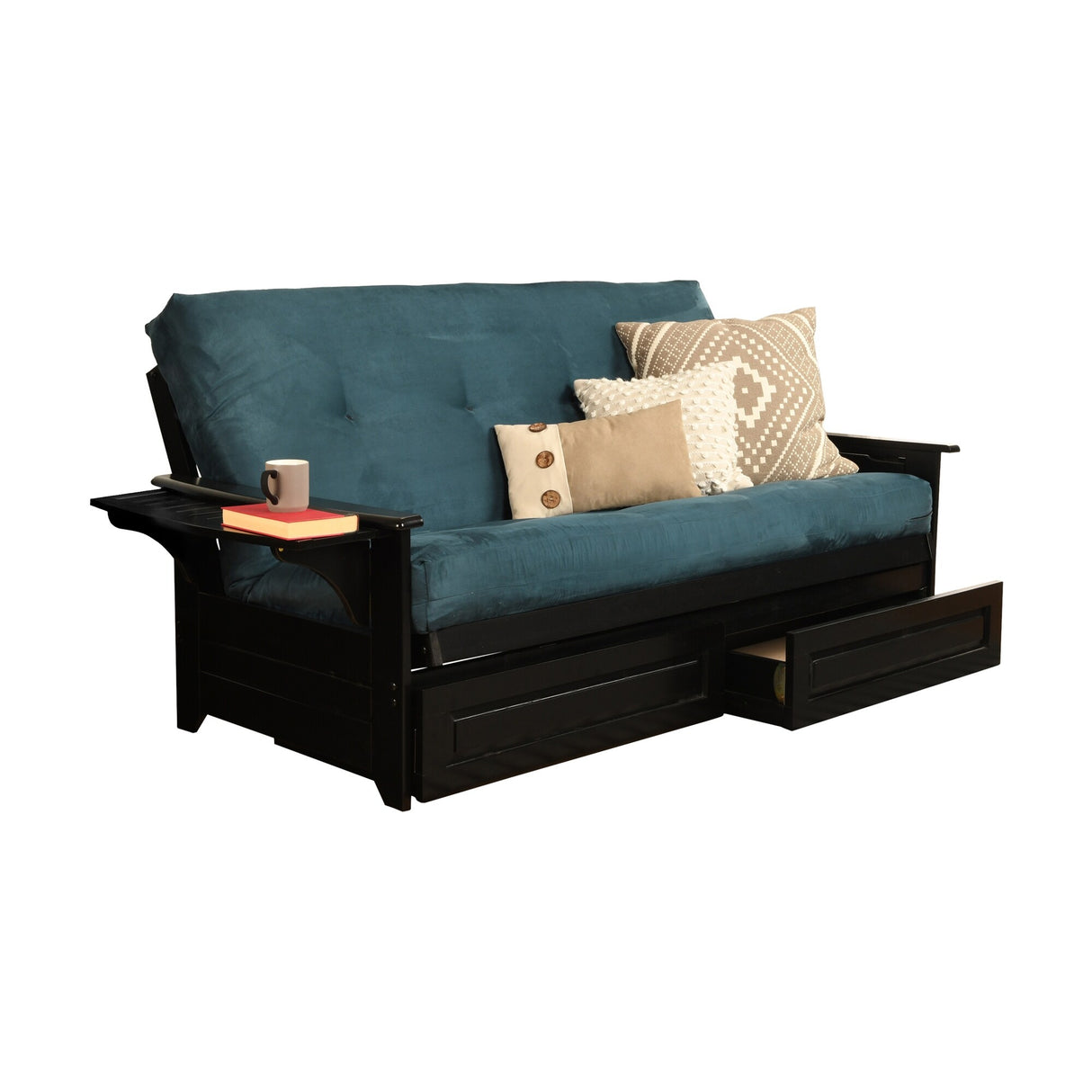 Somette Phoenix Black Futon Set with Storage Drawers and Innerspring Mattress