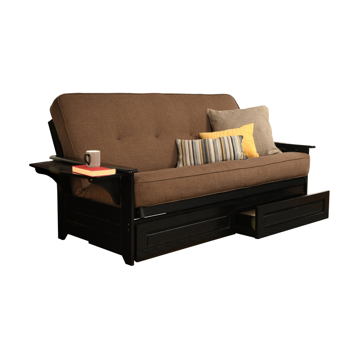Somette Phoenix Black Futon Set with Storage Drawers and Innerspring Mattress