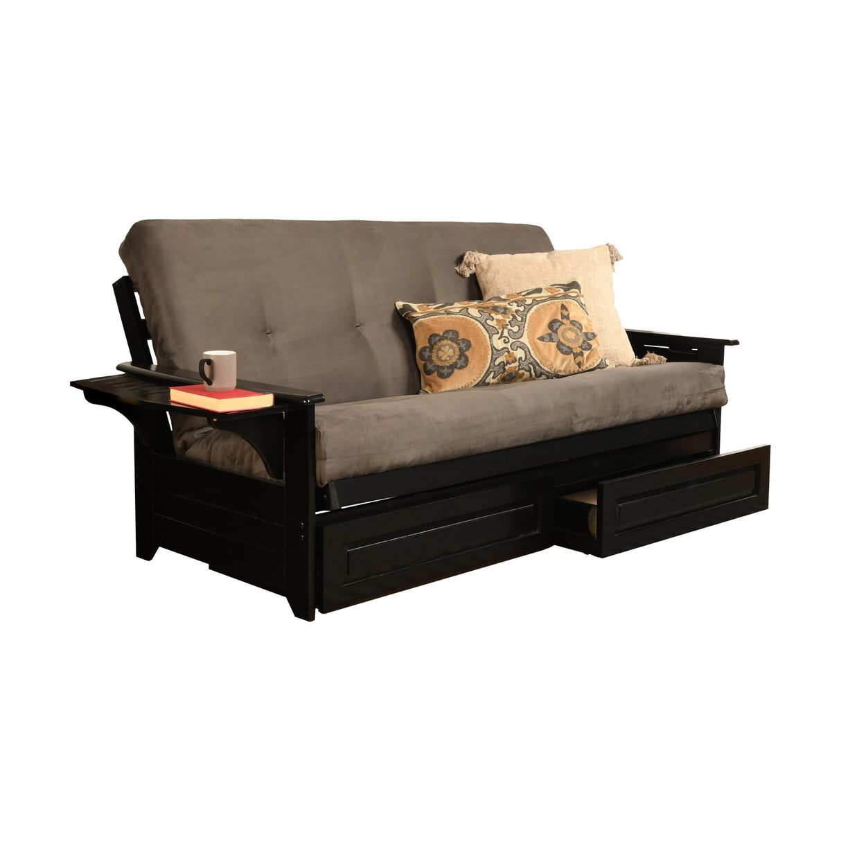 Somette Phoenix Black Futon Set with Storage Drawers and Innerspring Mattress