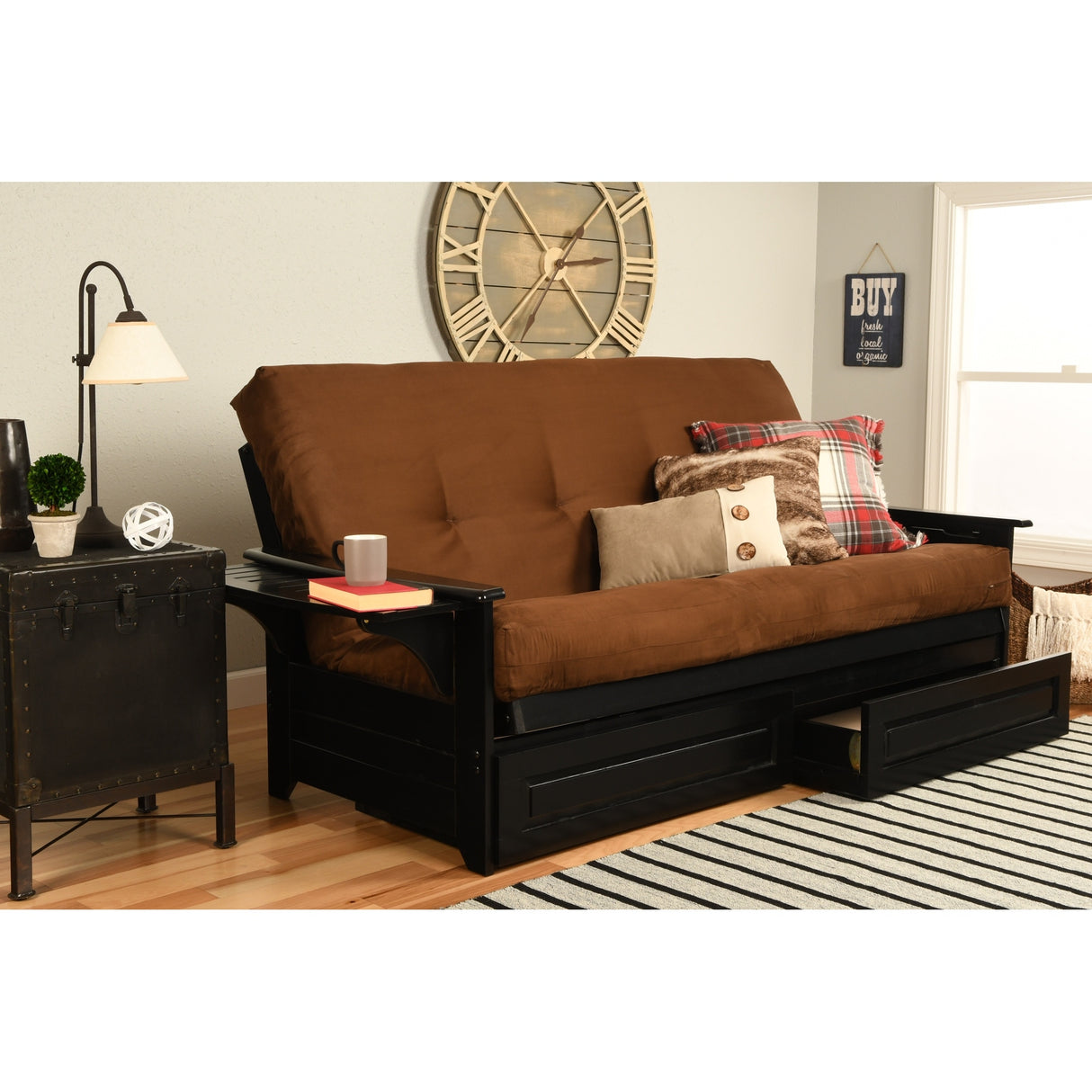 Somette Phoenix Black Futon Set with Storage Drawers and Innerspring Mattress