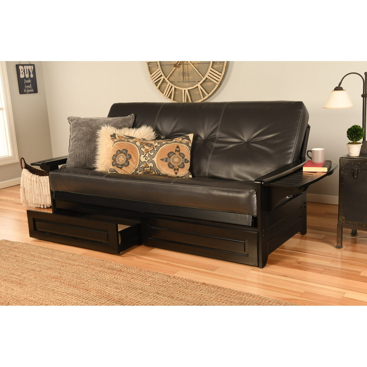 Somette Phoenix Black Futon Set with Storage Drawers and Innerspring Mattress