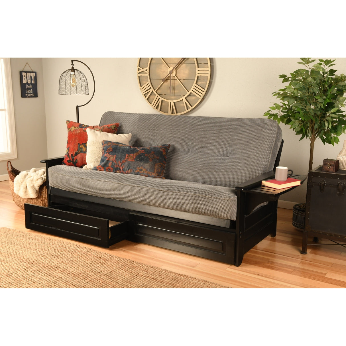 Somette Phoenix Black Futon Set with Storage Drawers and Innerspring Mattress