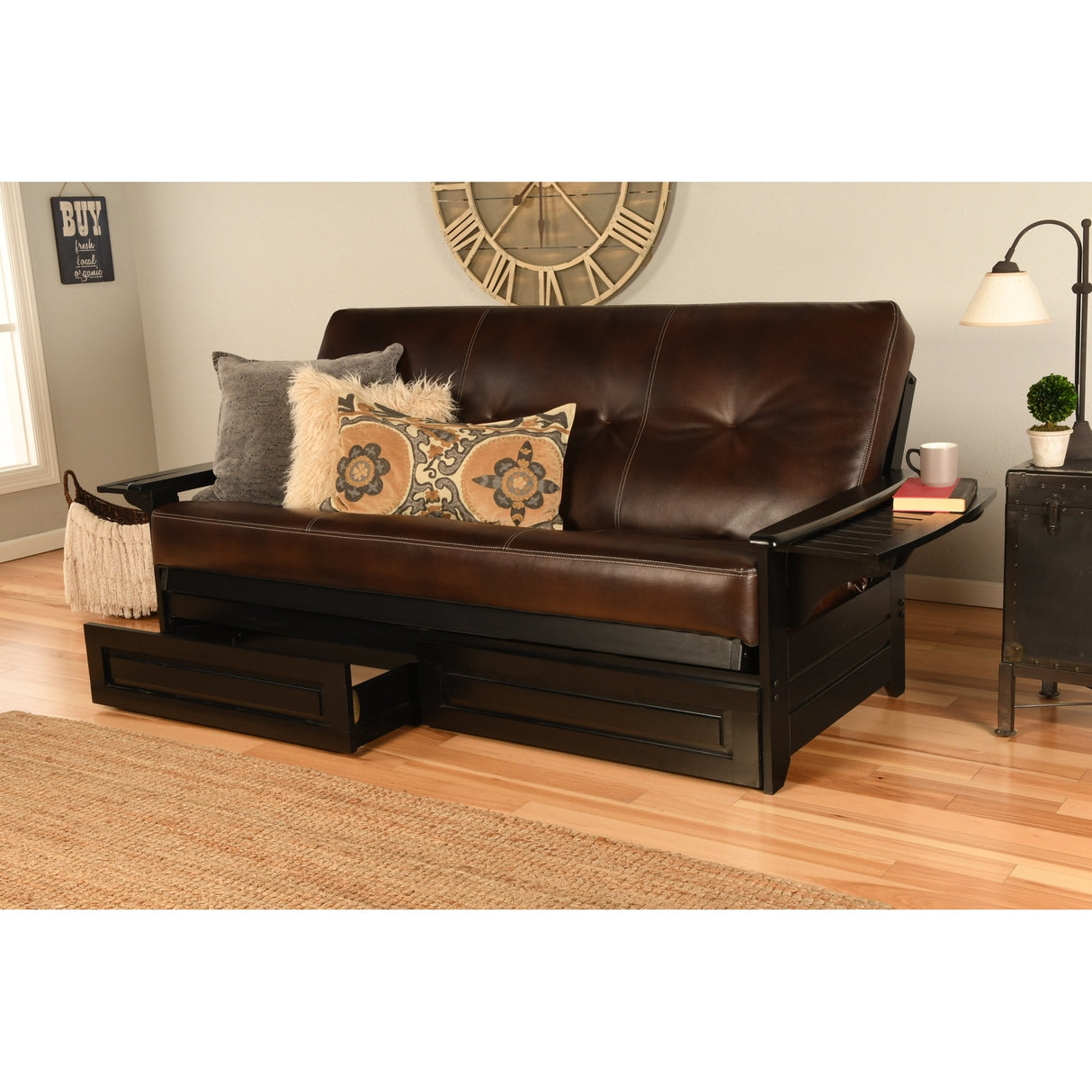 Somette Phoenix Black Futon Set with Storage Drawers and Innerspring Mattress
