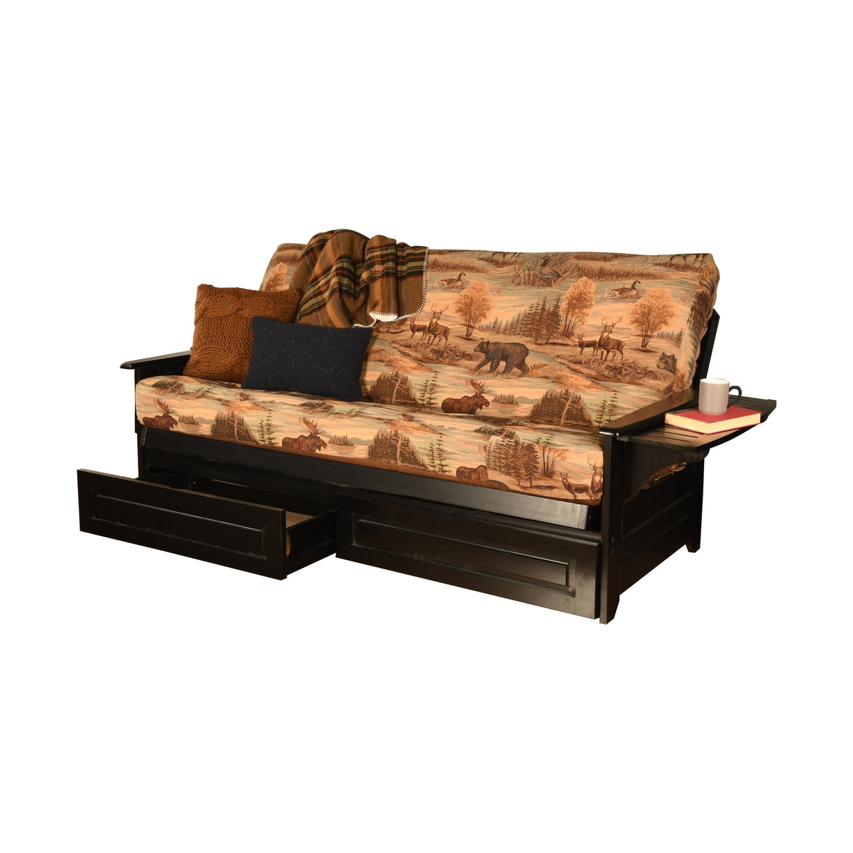 Somette Phoenix Black Futon Set with Storage Drawers and Innerspring Mattress