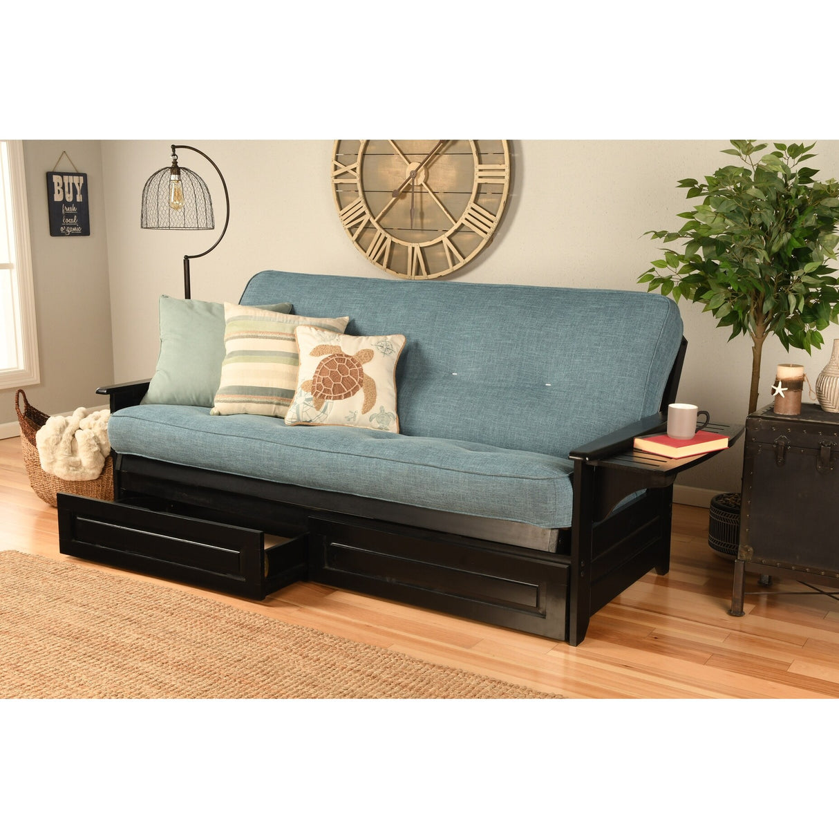 Somette Phoenix Black Futon Set with Storage Drawers and Innerspring Mattress