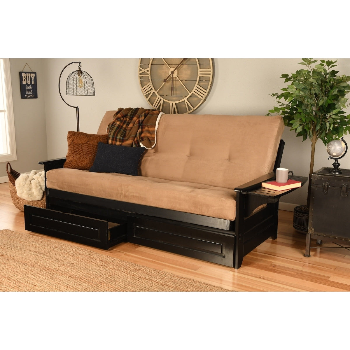 Somette Phoenix Black Futon Set with Storage Drawers and Innerspring Mattress