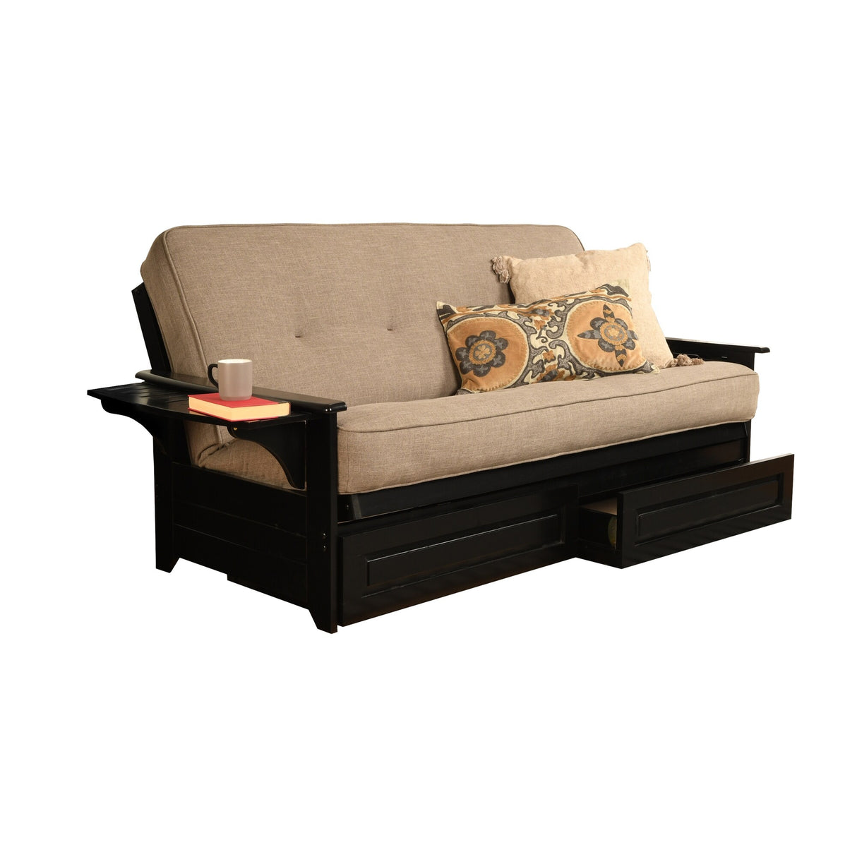 Somette Phoenix Black Futon Set with Storage Drawers and Innerspring Mattress