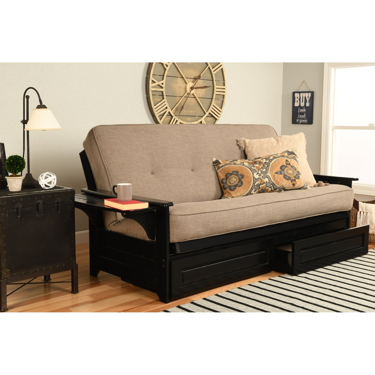 Somette Phoenix Black Futon Set with Storage Drawers and Innerspring Mattress