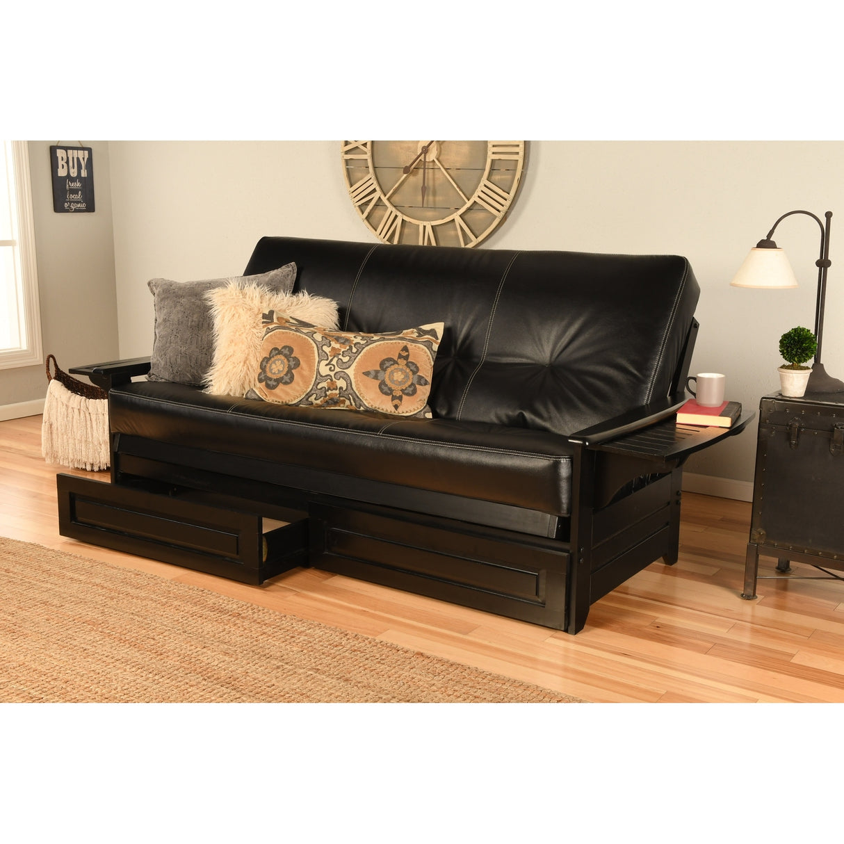 Somette Phoenix Black Futon Set with Storage Drawers and Innerspring Mattress