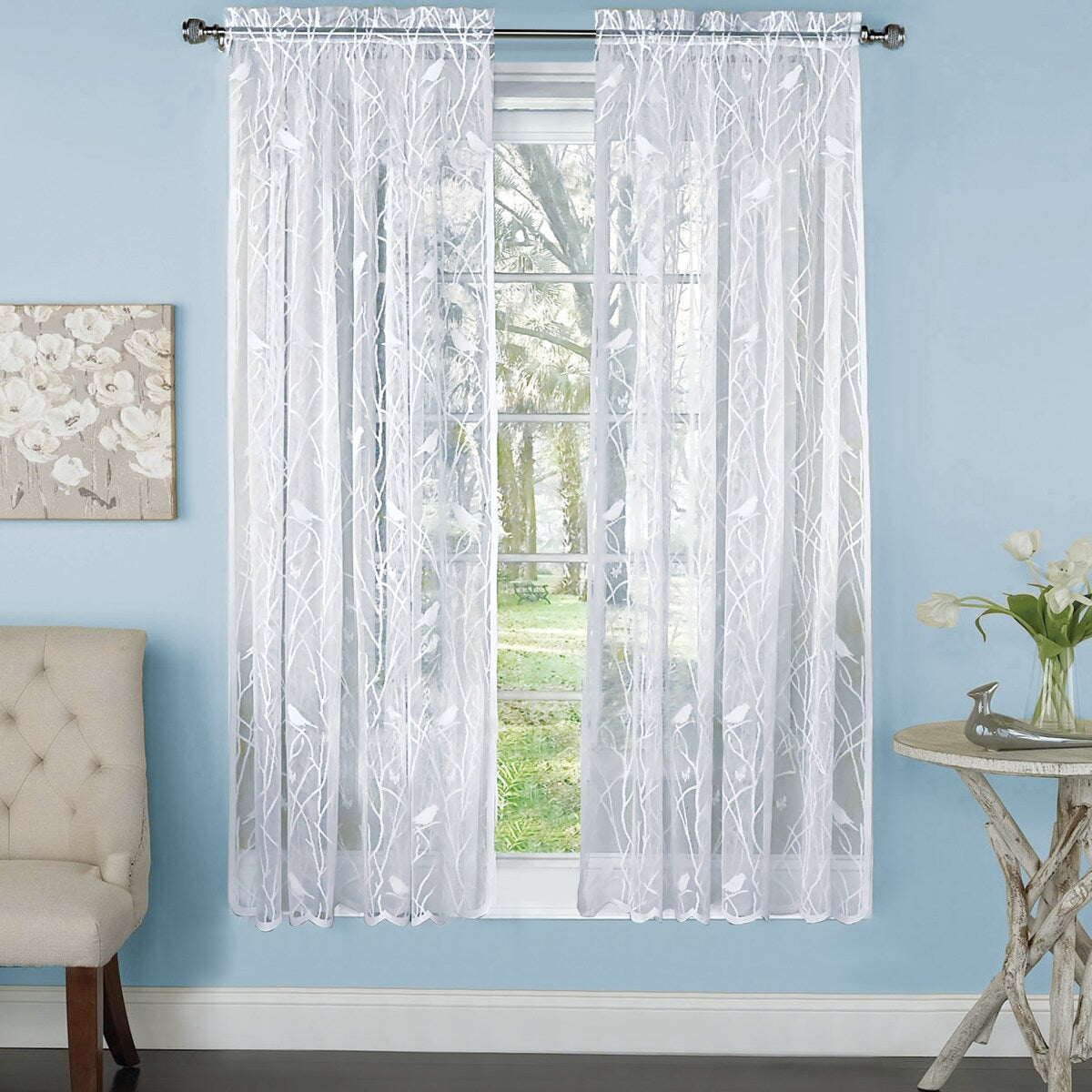 Songbird Lace Curtain Panel with Scalloped Hem