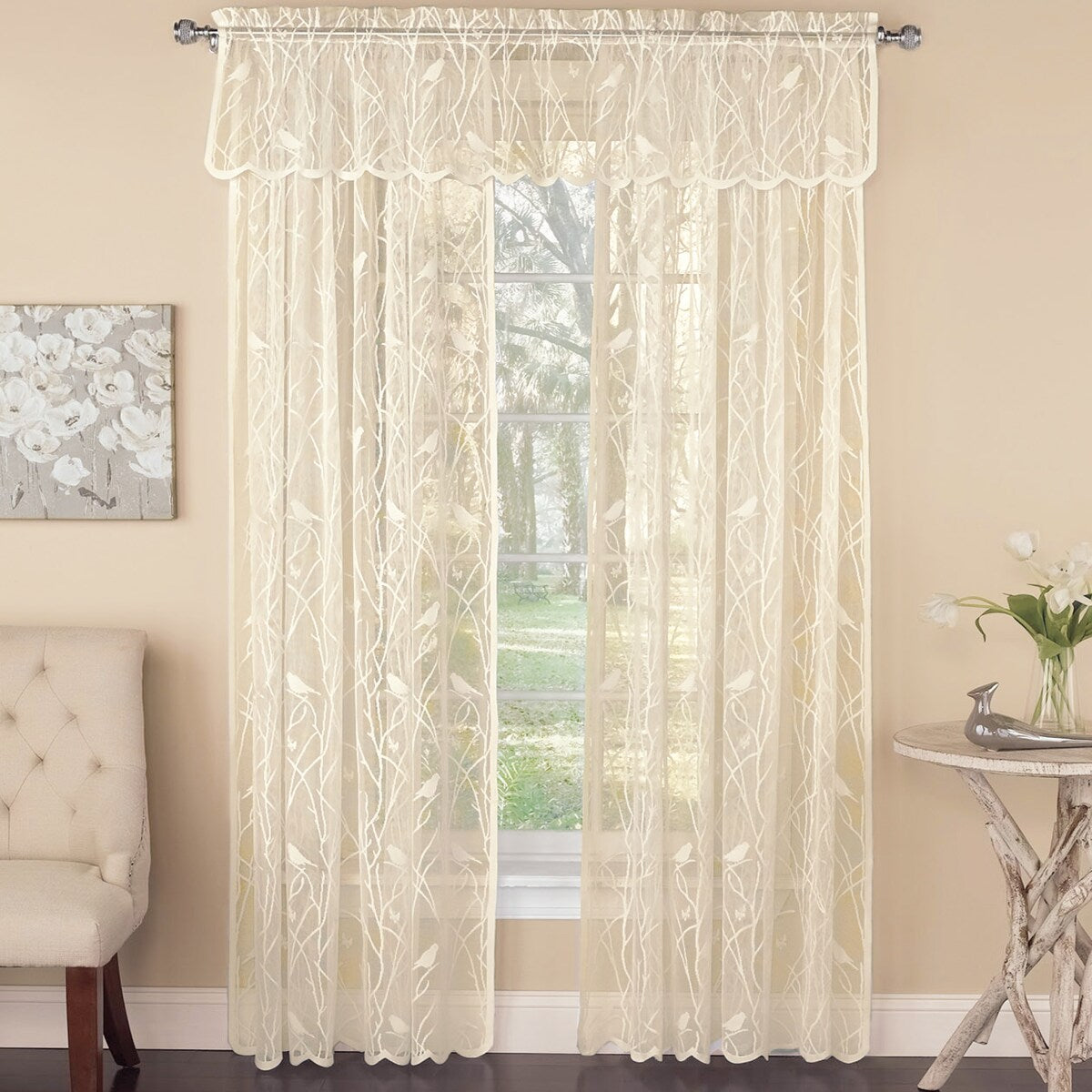 Songbird Lace Curtain Panel with Scalloped Hem
