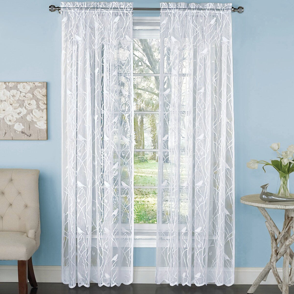 Songbird Lace Curtain Panel with Scalloped Hem