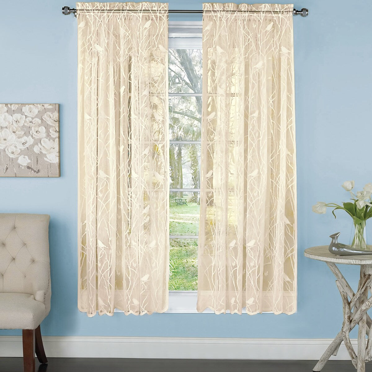 Songbird Lace Curtain Panel with Scalloped Hem
