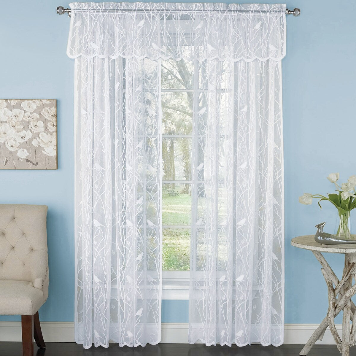 Songbird Lace Curtain Panel with Scalloped Hem